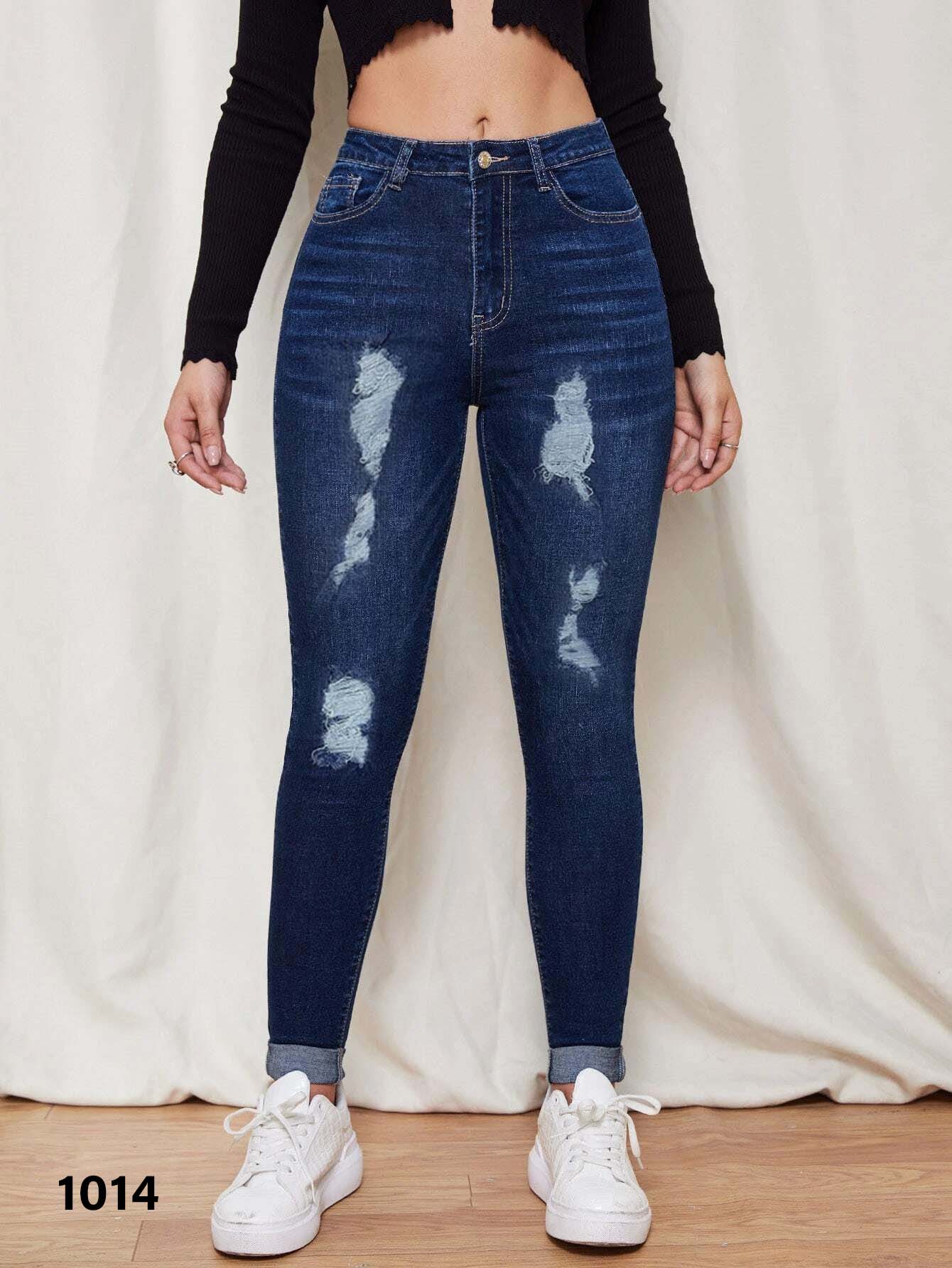 Women Faded Ripped Denim Pant - Dark Blue