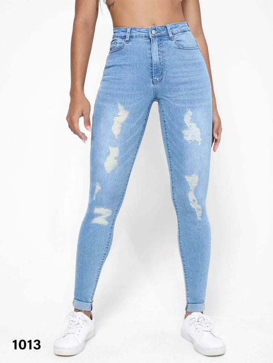 Women Faded Ripped Denim Pant - Light Blue