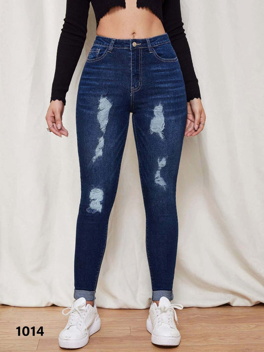 Women Faded Ripped Denim Pant - Dark Blue