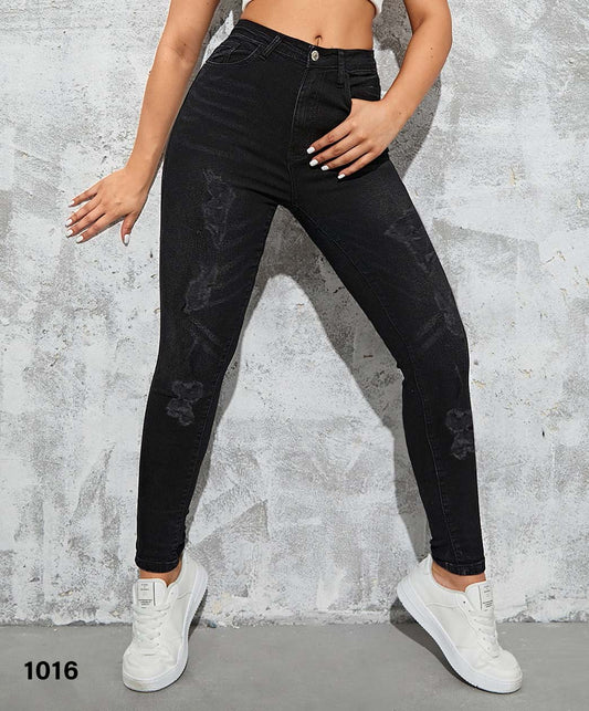 Women Faded Ripped Denim Pant - Black