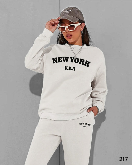 Women New York Sweat Suit Set - White
