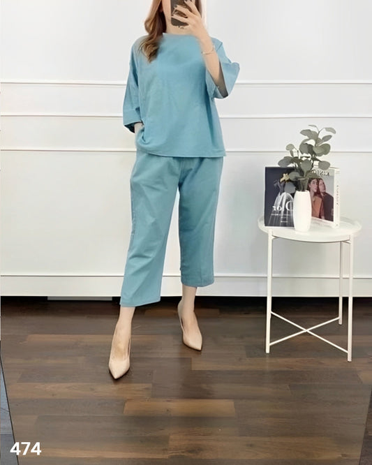 Quarter Sleeves Co-ord Set - Light Blue