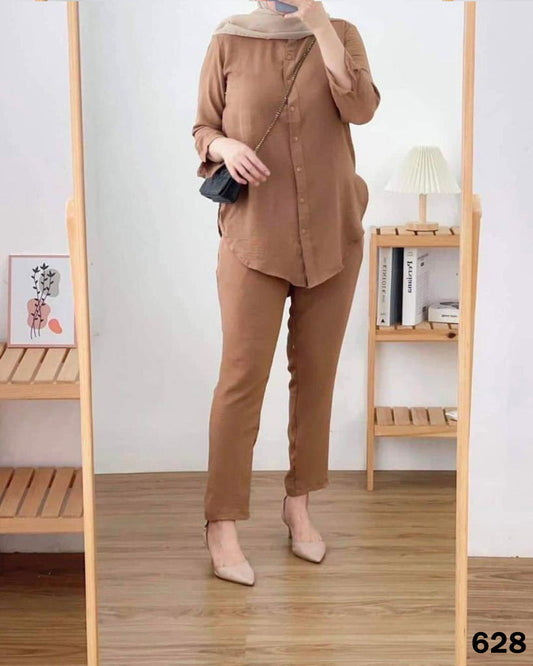 Turkish Sleeves Top Linen Set - Brown