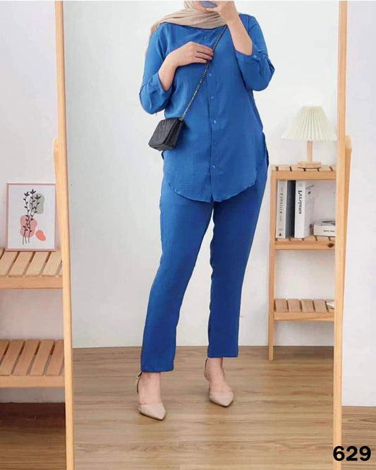 Turkish Sleeves Top Linen Set - Blue