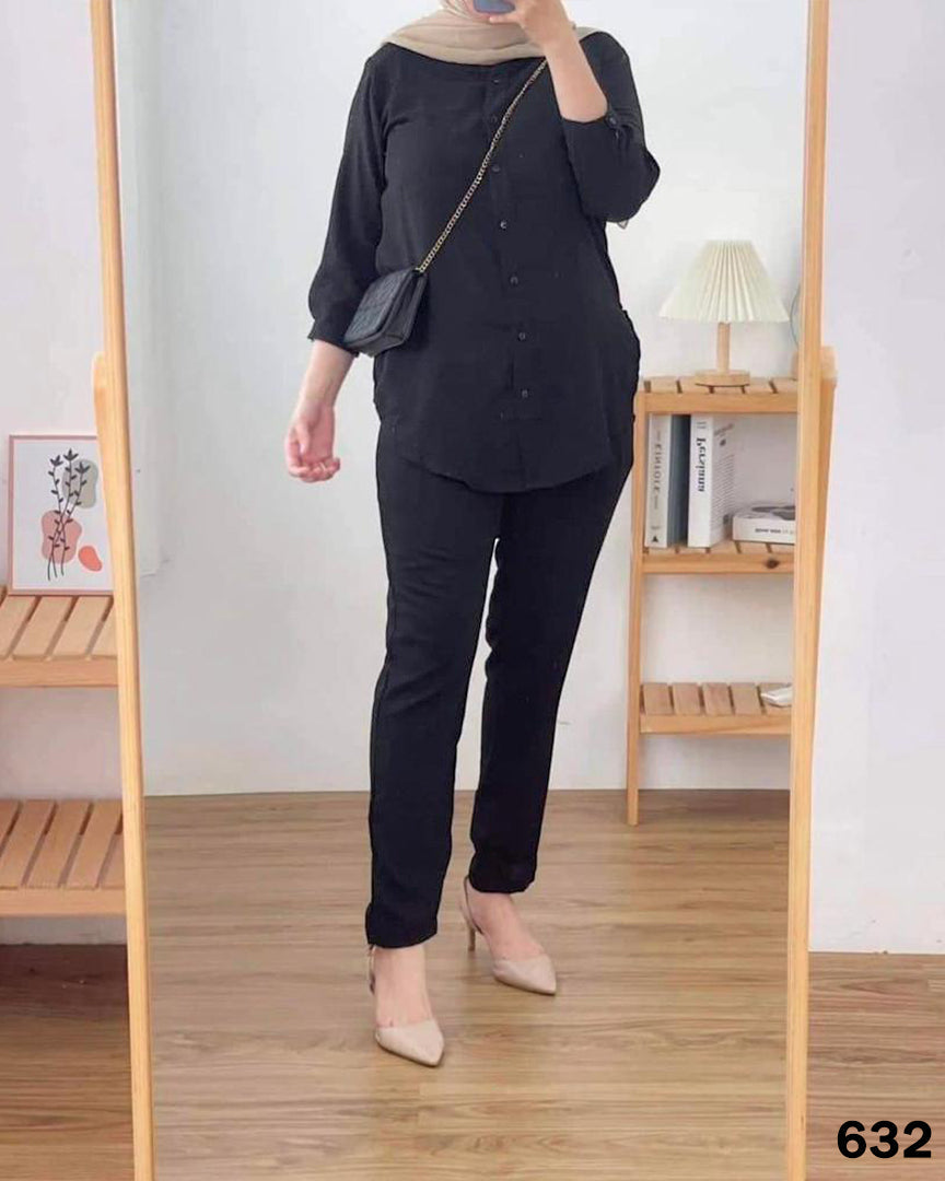 Turkish Sleeves Top Linen Set - Black