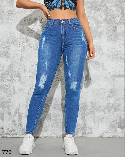 Women Ripped Denim Pant - Mid Blue 779